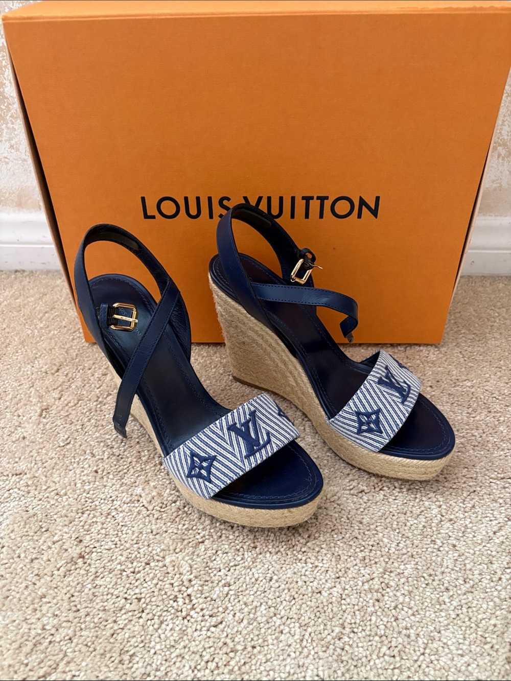 Louis Vuitton Navy Monogram Striped Canvas Espadrille Wedge Sandals